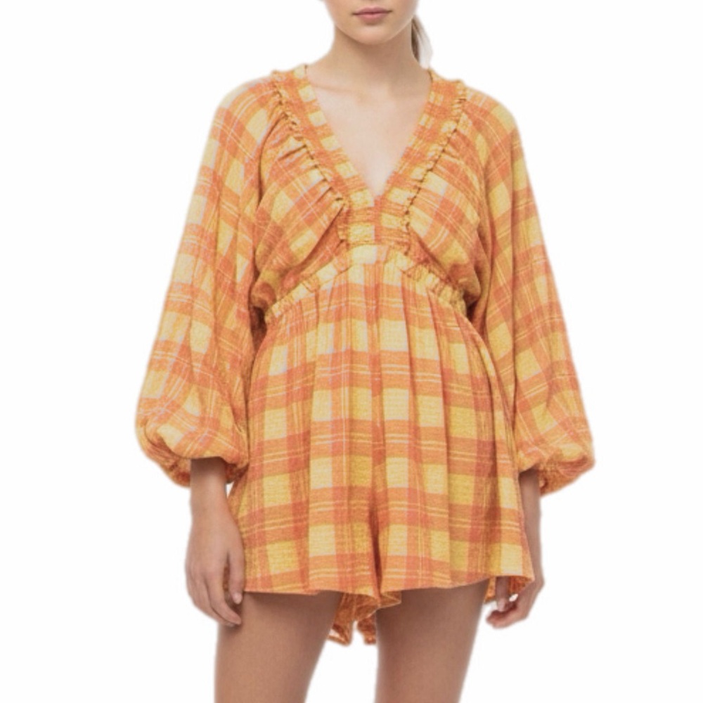 SOLD Mable Romper Womens L Yellow Orange Plaid Jumpsuit Shorts Bishop Sleeve